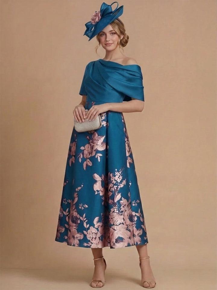 A-Line/Princess One-Shoulder Satin Mother of the Bride Dresses Tea-Length Sleeveless Floral