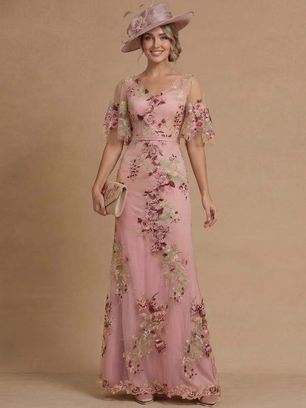 A-Line/Princess V-Neck Chiffon Mother of the Bride Dresses Floor-Length Half Sleeves Lace Floral