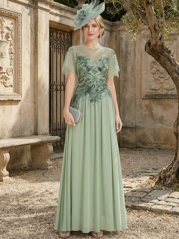 A-Line/Princess Scoop Chiffon Mother of the Bride Dresses Floor-Length Short Sleeves With Sequins&Embroidery