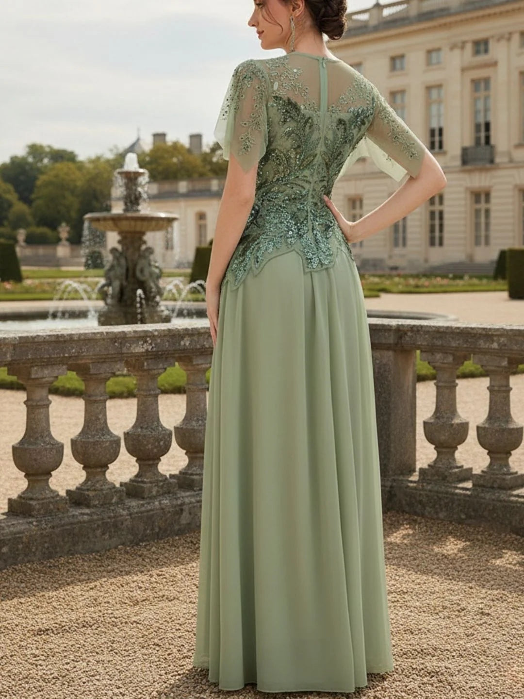 A-Line/Princess Scoop Chiffon Mother of the Bride Dresses Floor-Length Short Sleeves With Sequins&Embroidery