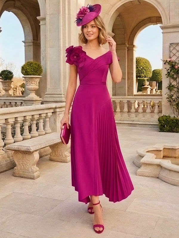 A-Line/Princess V-Neck Chiffon Mother of the Bride Dresses Tea-Length Sleeveless Asymmetrical 3D Flower