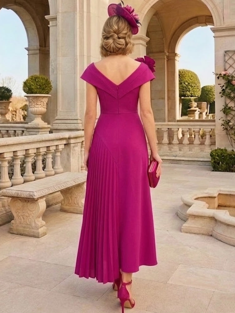 A-Line/Princess V-Neck Chiffon Mother of the Bride Dresses Tea-Length Sleeveless Asymmetrical 3D Flower