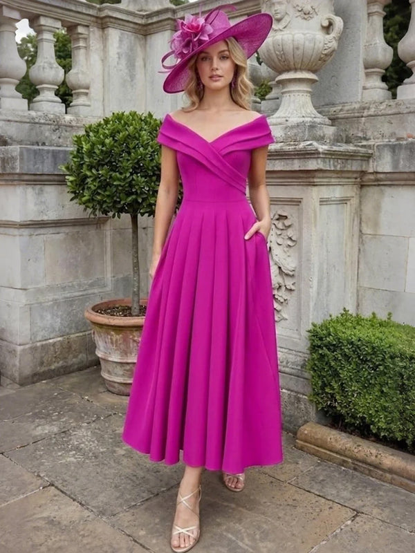 A-Line/Princess Off-the-Shoulder Stretch Satin Mother of the Bride Dresses Tea-Length Sleeveless Pleated