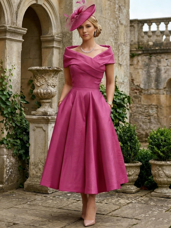 A-Line/Princess Off-the-Shoulder Satin Mother of the Bride Dresses Sleeveless Tea-Length Pleated