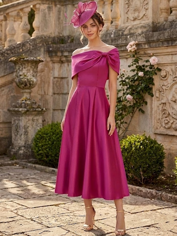 A-Line/Princess Off-the-Shoulder Satin Mother of the Bride Dresses Sleeveless Tea-Length Pleated
