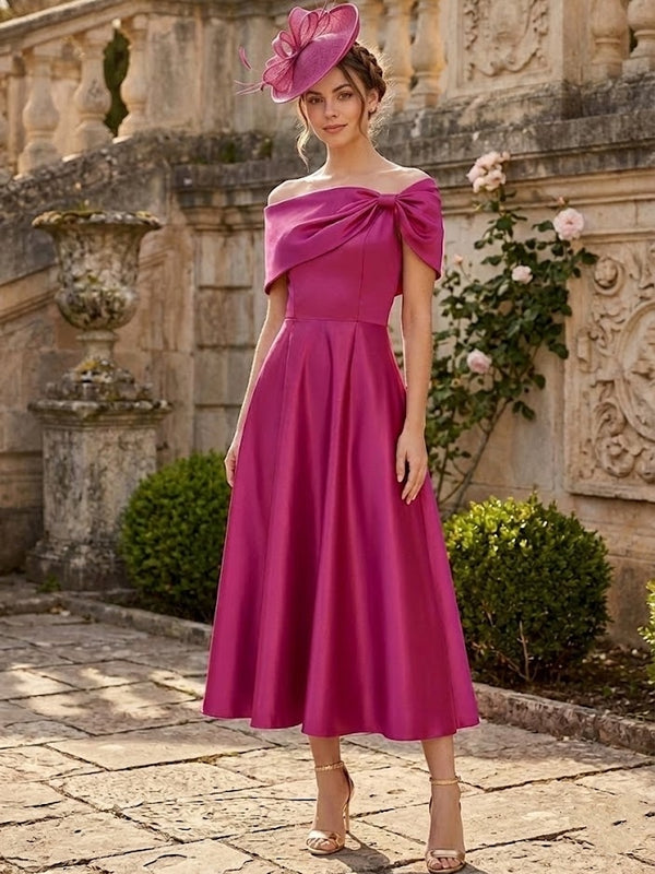 A-Line/Princess Off-the-Shoulder Satin Mother of the Bride Dresses Sleeveless Tea-Length Pleated