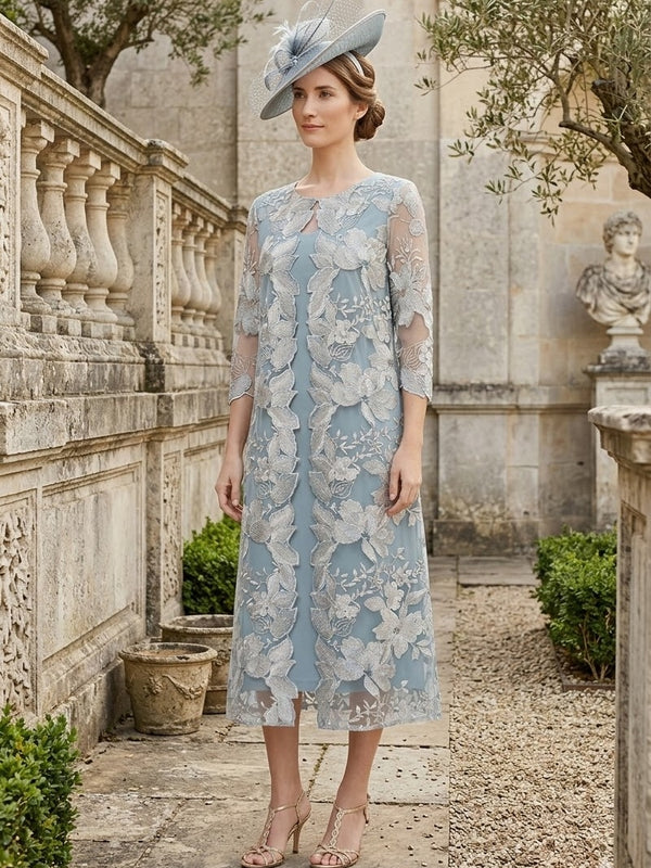 A-Line/Princess 2 Pieces Scoop Chiffon Mother of the Bride Dresses Tea-Length Long Sleeves With Lace Jacket