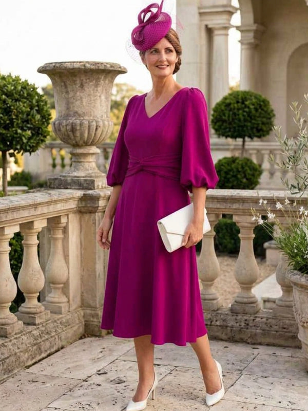 A-Line/Princess V-Neck Elastic Chiffon Mother of the Bride Dresses 3/4 Sleeves Tea-Length with Sash