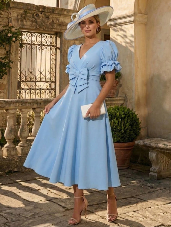 A-Line/Princess V-Neck Jacquard Mother of the Bride Dresses Tea-Length Short Sleeves Bowknot