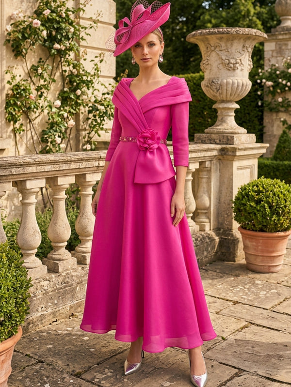 A-Line/Princess V-Neck Chiffon Mother of the Bride Dresses Ankle-Length 3/4 Sleeves 3D Flower Sequins