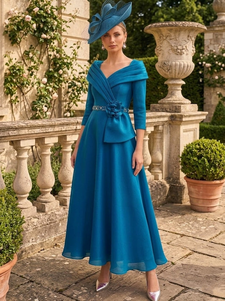 A-Line/Princess V-Neck Chiffon Mother of the Bride Dresses Ankle-Length 3/4 Sleeves 3D Flower Sequins