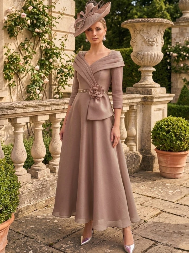 A-Line/Princess V-Neck Chiffon Mother of the Bride Dresses Ankle-Length 3/4 Sleeves 3D Flower Sequins