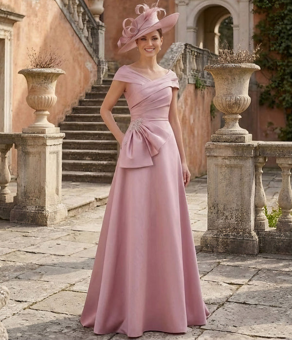 A-Line/Princess Off-the-Shoulder Satin Mother of the Bride Dresses Sleeveless Floor-Length Sequins Bowknot