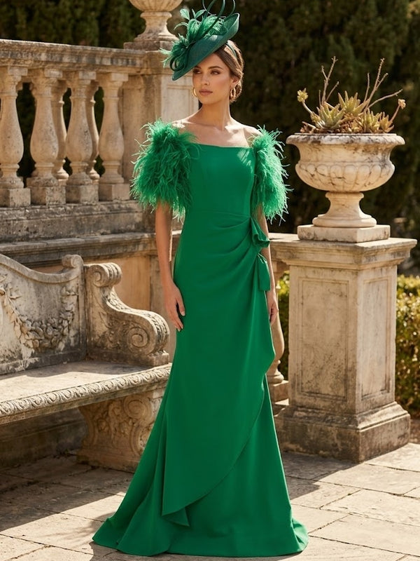 Trumpet/Mermaid Off-the-Shoulder Stretch Satin Mother of the Bride Dresses Floor-Length Short Sleeves Feathers Ruffles