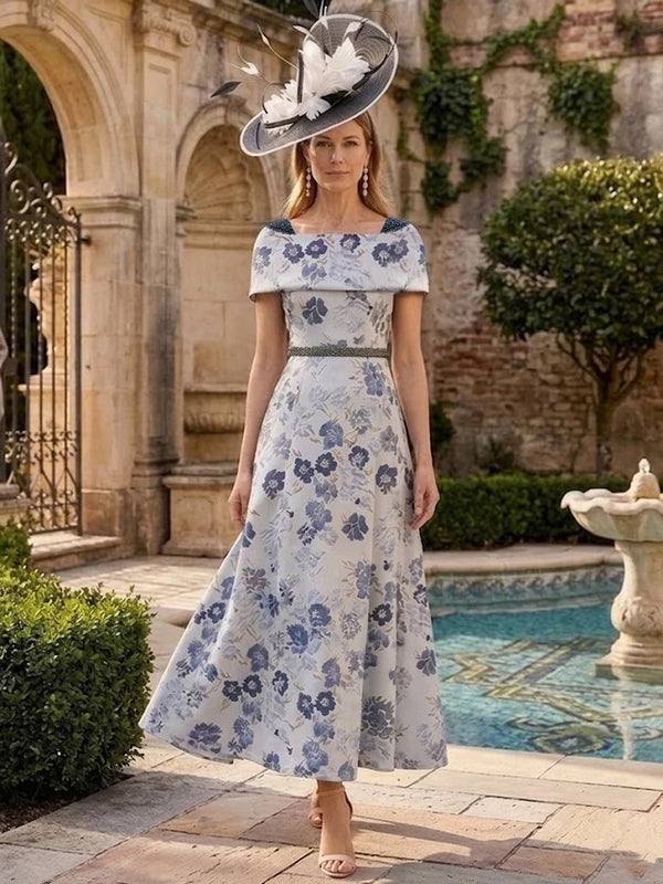 A-Line/Princess Square Collar Jacquard Mother of the Bride Dresses Ankle-Length Short Sleeves Floral Sash