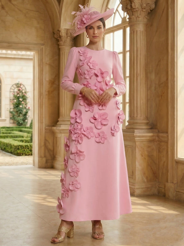 A-Line/Princess Scoop Stretch Satin Mother of the Bride Dresses Ankle-Length Long Sleeves With 3D Flowers