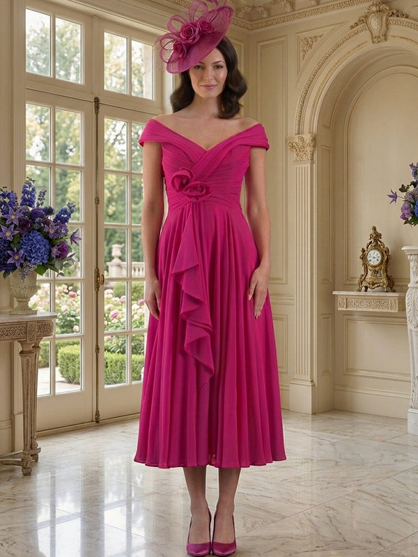 A Line/Princess Off-the-Shoulder Tea-Length Mother of the Bride Dresses with 3D Flower