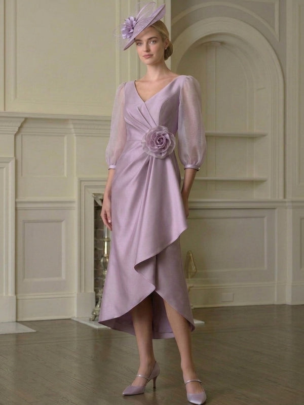 Sheath/Column V-Neck Tea-Length Mother of the Bride Dresses with 3D Flower