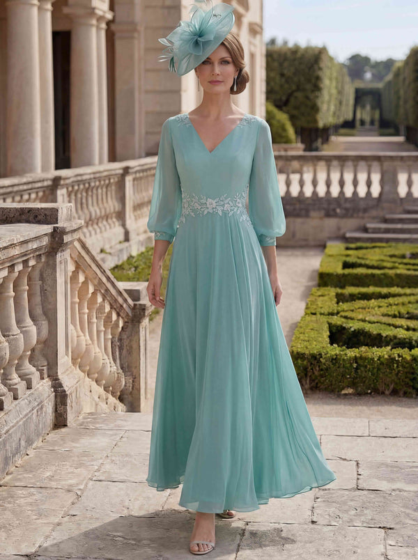 A-Line/Princess V-Neck Chiffon Mother of the Bride Dresses Ankle-Length 3/4 Sleeves Pleated