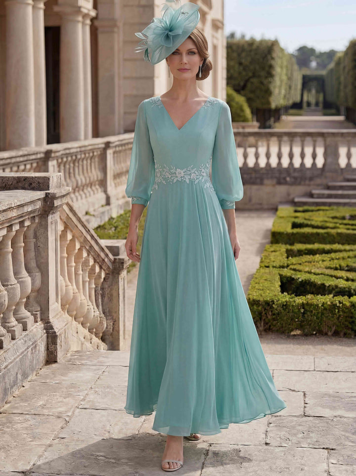 A-Line/Princess V-Neck Chiffon Mother of the Bride Dresses Ankle-Length 3/4 Sleeves Pleated