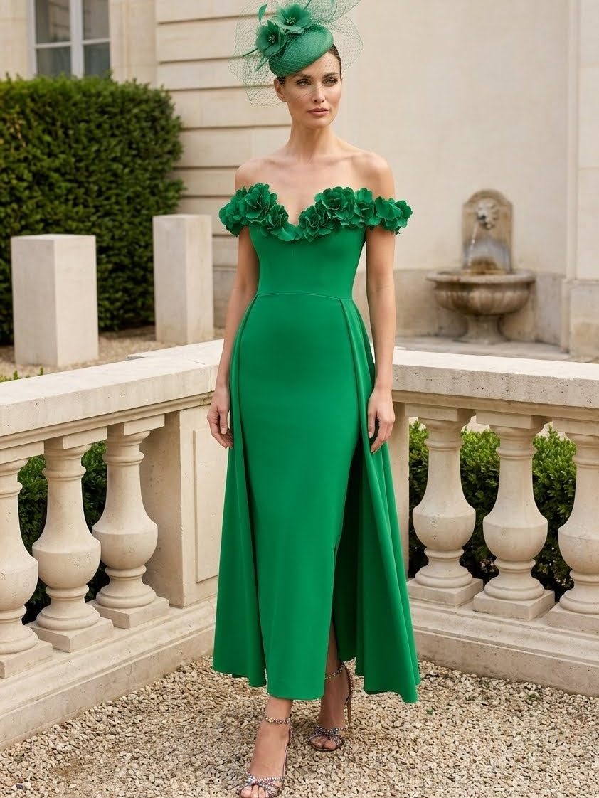 Sheath/Column Off-the-Shoulder Stretch Satin Mother of the Bride Dresses Ankle-Length Sleeveless With 3D Flowers&Overskirt