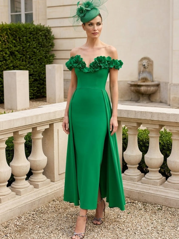Sheath/Column Off-the-Shoulder Stretch Satin Mother of the Bride Dresses Ankle-Length Sleeveless With 3D Flowers&Overskirt