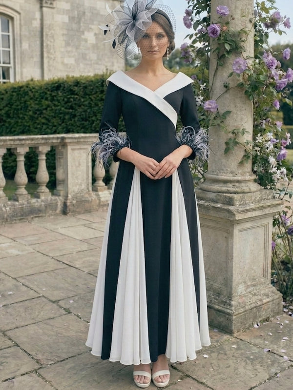 A-Line/Princess V-Neck Mother of the Bride Dresses 3/4 Sleeves Ankle-Length Pleated