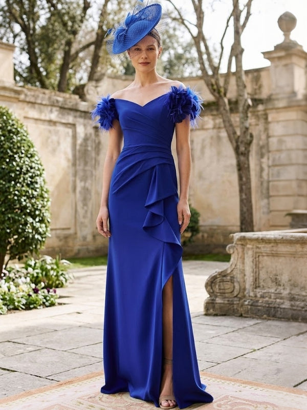 Sheath/Column Off-the-Shoulder Stretch Satin Ruffles Split Side Mother of the Bride Dresses Floor-Length Short Sleeves