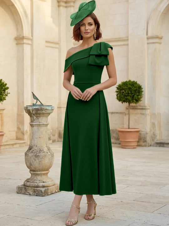 A-Line/Princess One-Shoulder Stretch Satin Mother of the Bride Dresses Tea-Length Sleeveless