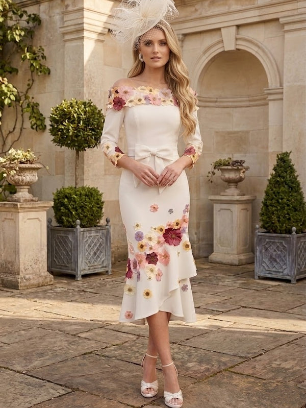 Sheath/Column Off-the-Shoulder Stretch Satin Mother Of The Bride Dresses with Bowknot 3/4 Sleeves Tea-Length Floral
