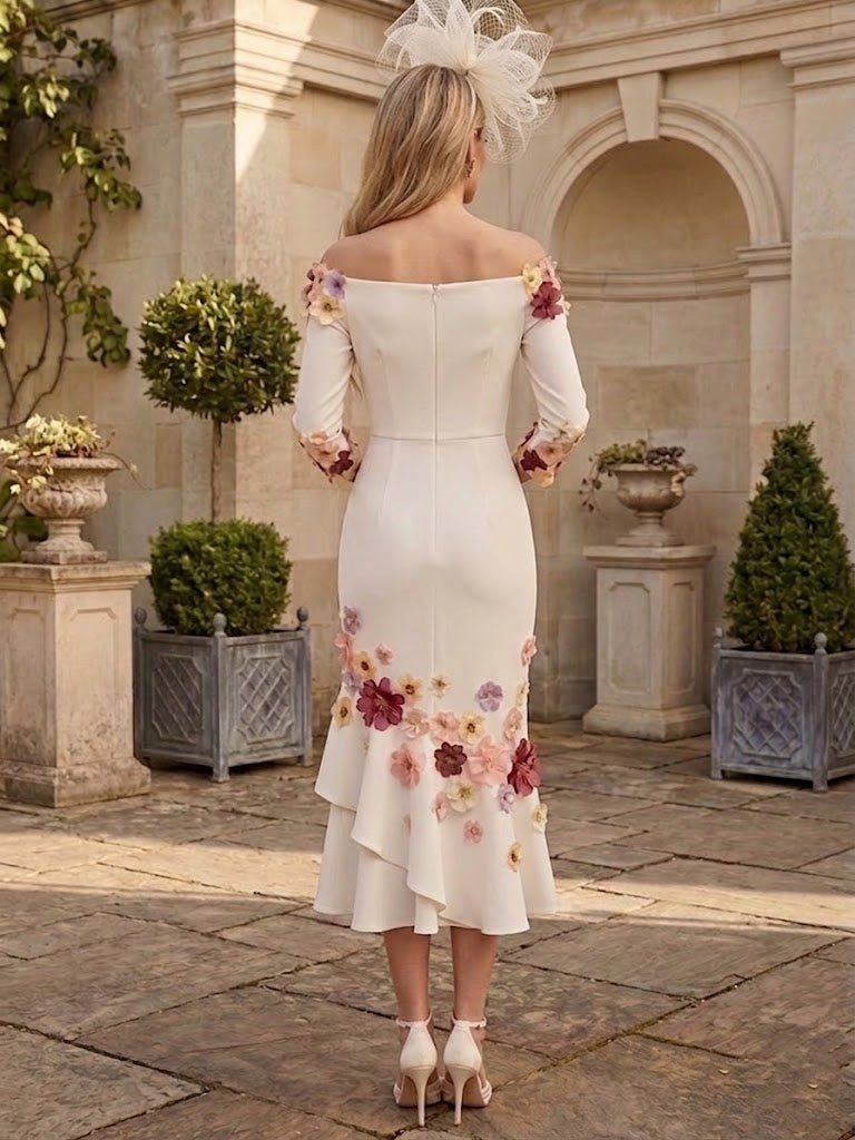 Sheath/Column Off-the-Shoulder Stretch Satin Mother Of The Bride Dresses with Bowknot 3/4 Sleeves Tea-Length Floral