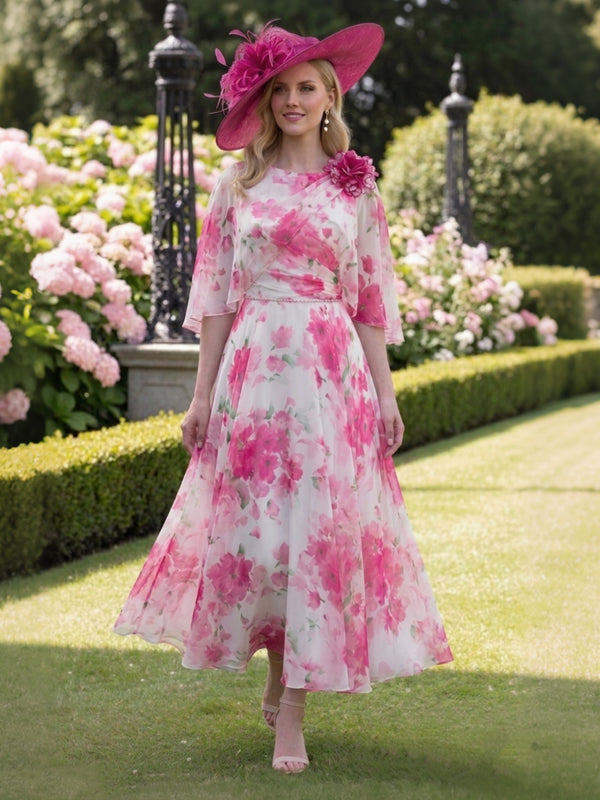 A-Line/Princess Chiffon Scoop Mother of the Bride Dresses Half Sleeves Floral Tea-Length With 3D Flower