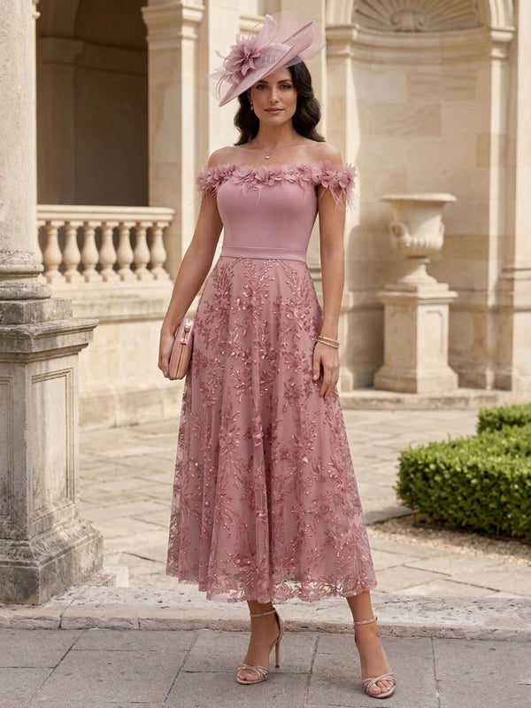 A-Line/Princess Off-the-Shoulder Lace Seuiqns Mother of the Bride Dresses 3D Flower Sleeveless Floral Tea-Length Formal Dresses