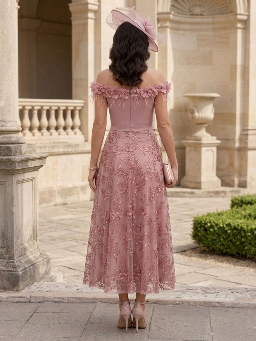 A-Line/Princess Off-the-Shoulder Lace Seuiqns Mother of the Bride Dresses 3D Flower Sleeveless Floral Tea-Length Formal Dresses
