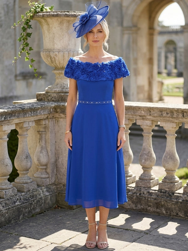 A-Line/Princess Off-the-Shoulder Chiffon Mother of the Bride Dresses Sleeveless Tea-Length 3D Flowers
