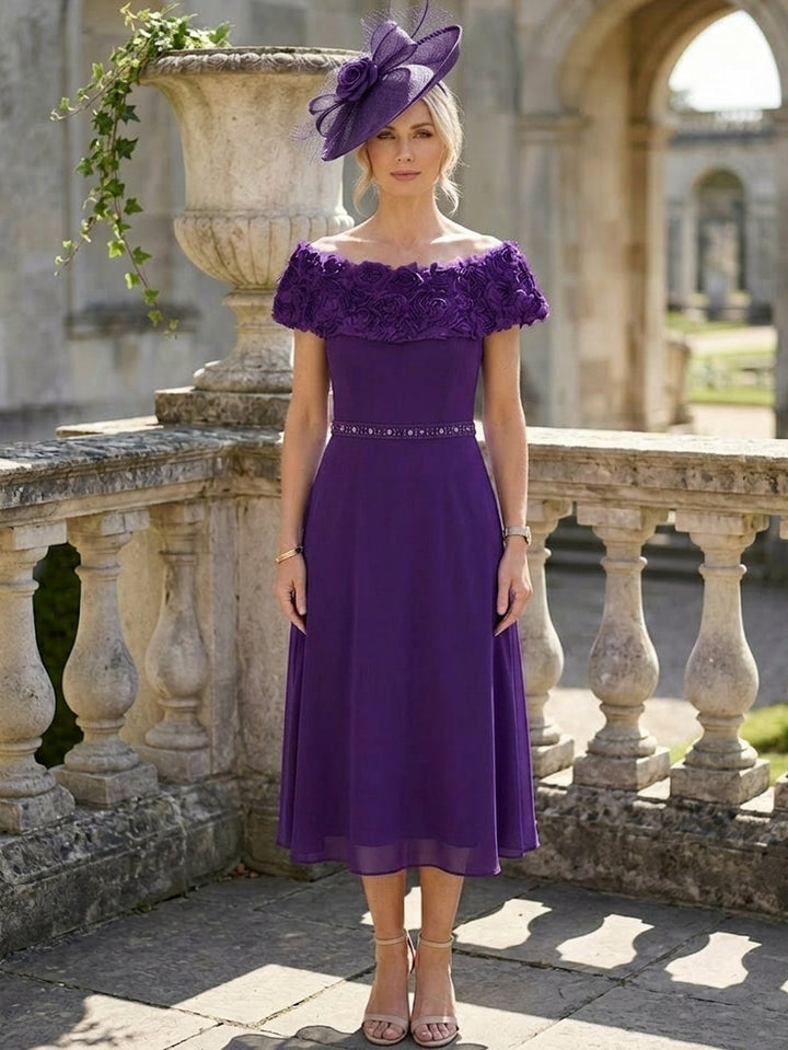 A-Line/Princess Off-the-Shoulder Chiffon Mother of the Bride Dresses Sleeveless Tea-Length 3D Flowers