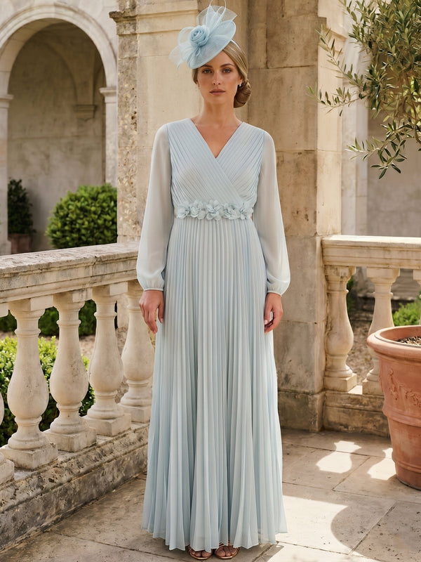 A-Line/Princess V-Neck Chiffon Mother of the Bride Dresses Long Sleeves Floor-Length Pleated With 3D Flowers