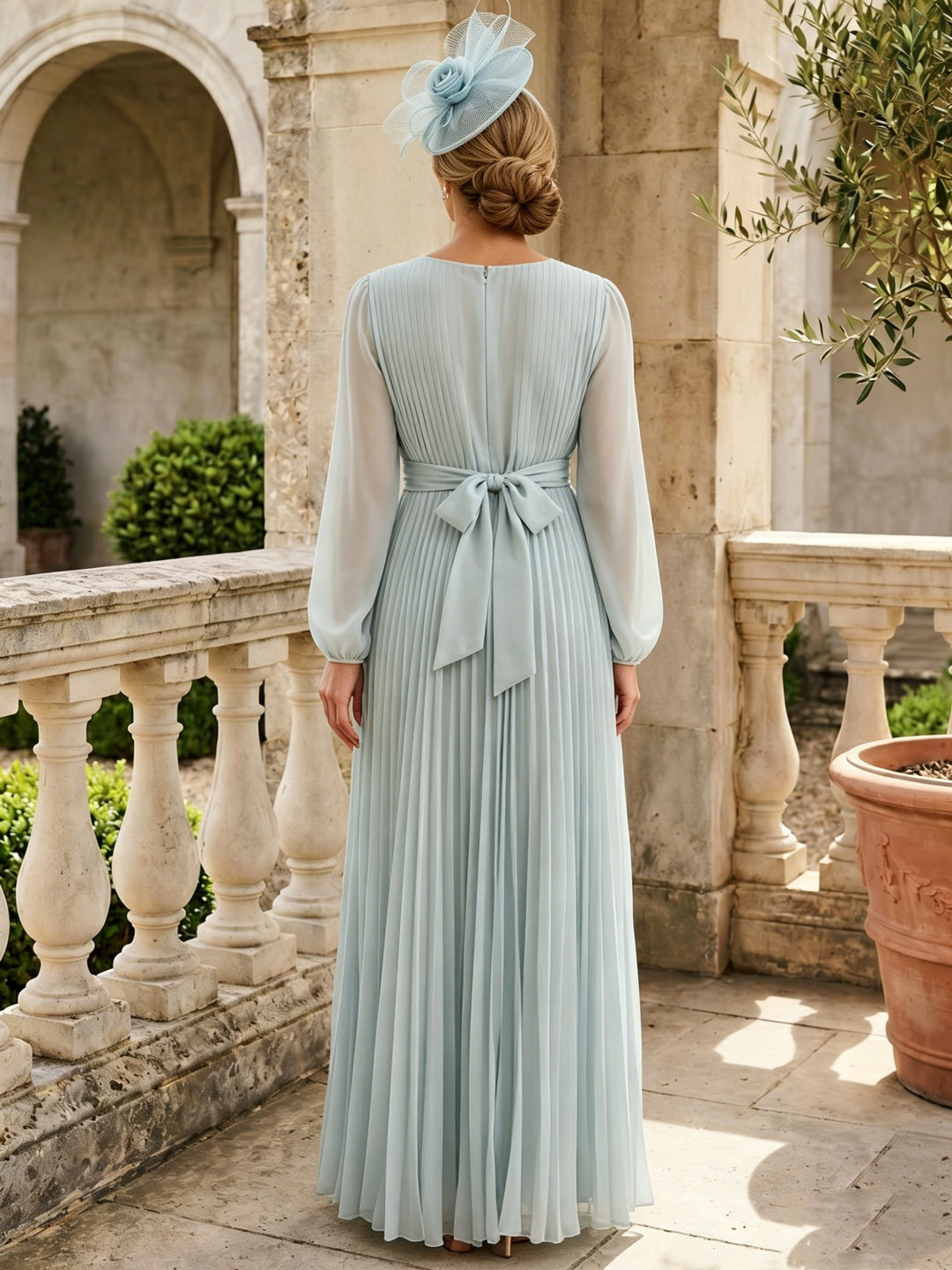 A-Line/Princess V-Neck Chiffon Mother of the Bride Dresses Long Sleeves Floor-Length Pleated With 3D Flowers
