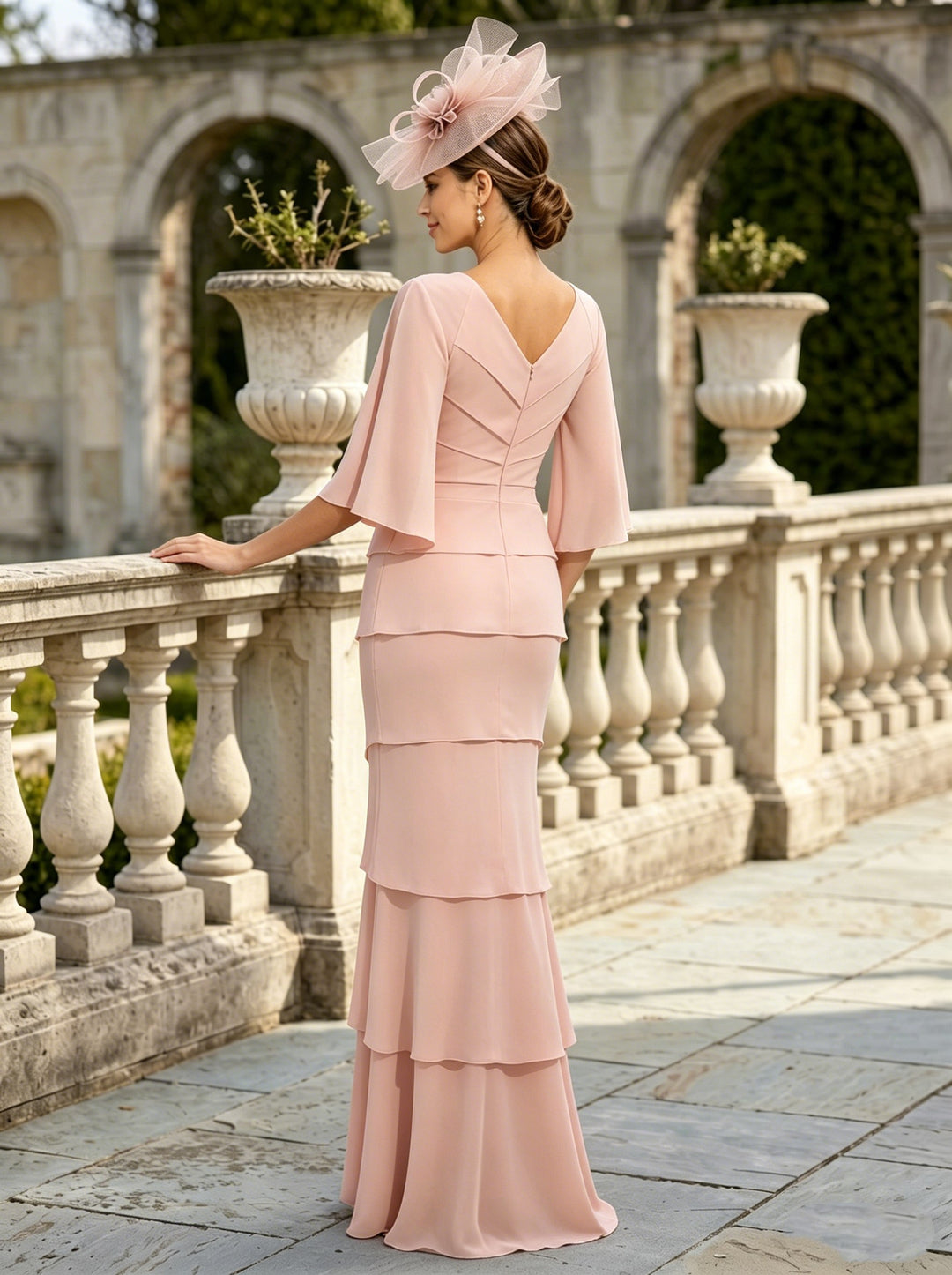 Trumpet/Mermaid V-Neck Chiffon Mother of the Bride Dresses Floor-Length 3/4 Sleeves Ruffles