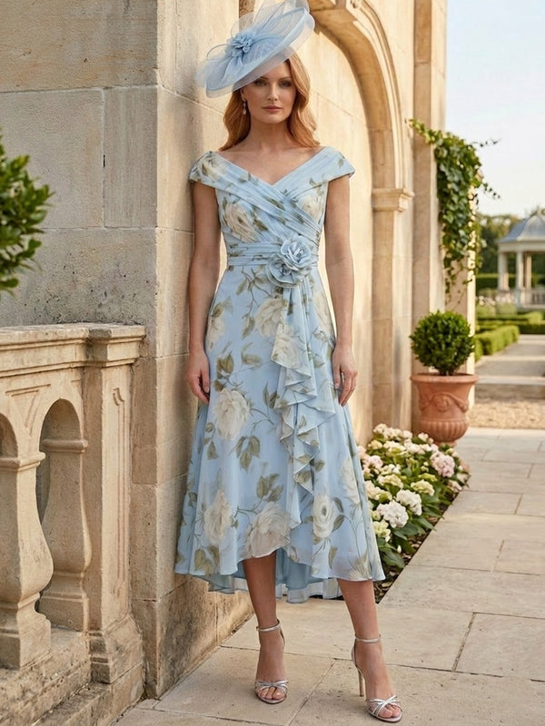 Sheath/Column V-Neck Chiffon Floral Mother of the Bride Dresses Short Sleeves Tea-Length with Corset