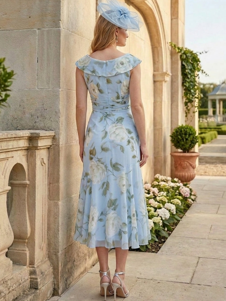 Sheath/Column V-Neck Chiffon Floral Mother of the Bride Dresses Short Sleeves Tea-Length with Corset