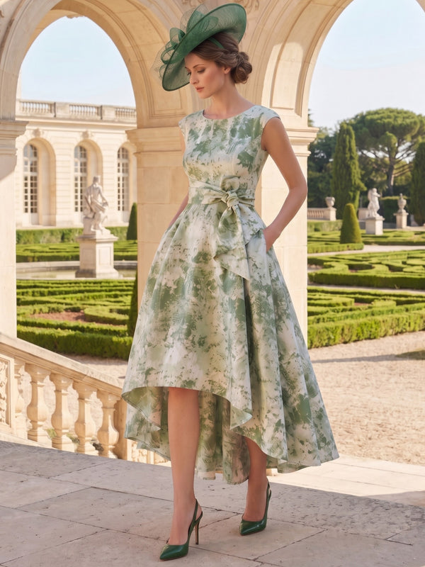 A-Line/Princess Scoop Jacquard Mother of the Bride Dresses with Bowknot Floral Asymmetrical Tea-Length Sleeveless