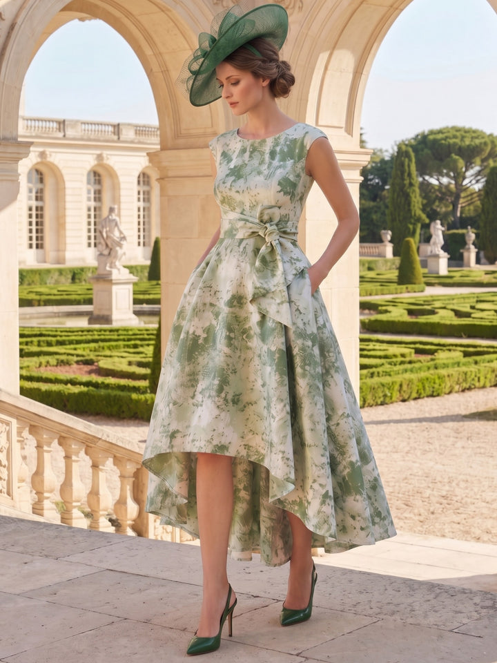 A-Line/Princess Scoop Jacquard Mother of the Bride Dresses with Bowknot Floral Asymmetrical Tea-Length Sleeveless