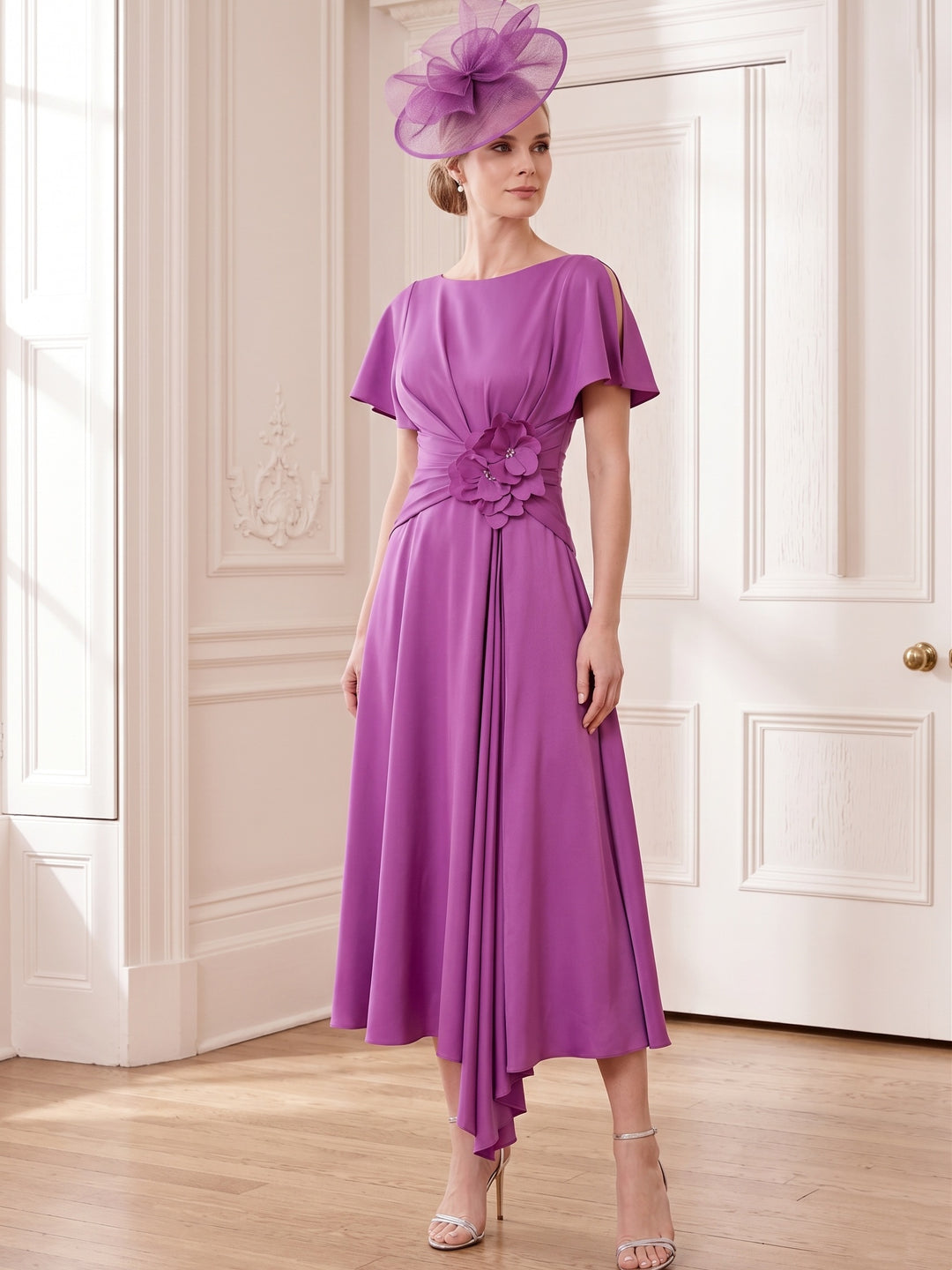 A-Line/Princess Scoop Tea-Length Short Sleeves Mother of the Bride Dresses with 3D Flowers