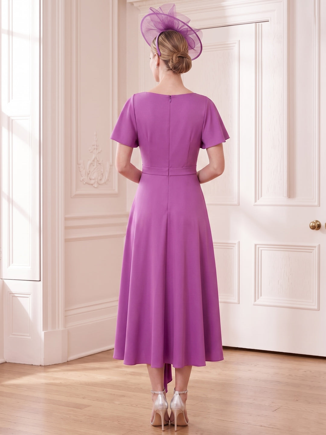 A-Line/Princess Scoop Tea-Length Short Sleeves Mother of the Bride Dresses with 3D Flowers
