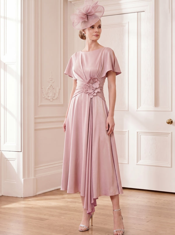 A-Line/Princess Scoop Tea-Length Short Sleeves Mother of the Bride Dresses with 3D Flowers