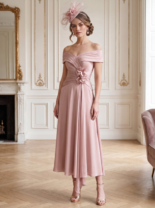A-Line/Princess Off-the-Shoulder Tea-Length Sleeveless Mother of the Bride Dresses with 3D Flowers
