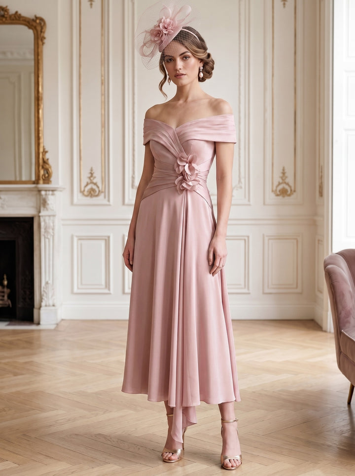 A-Line/Princess Off-the-Shoulder Tea-Length Sleeveless Mother of the Bride Dresses with 3D Flowers