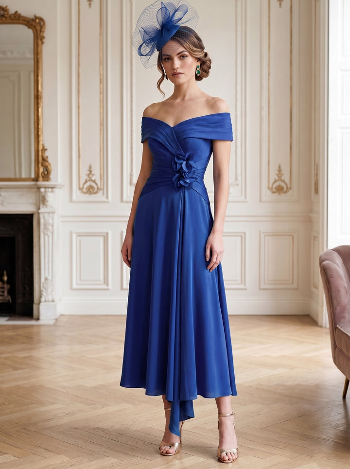 A-Line/Princess Off-the-Shoulder Tea-Length Sleeveless Mother of the Bride Dresses with 3D Flowers