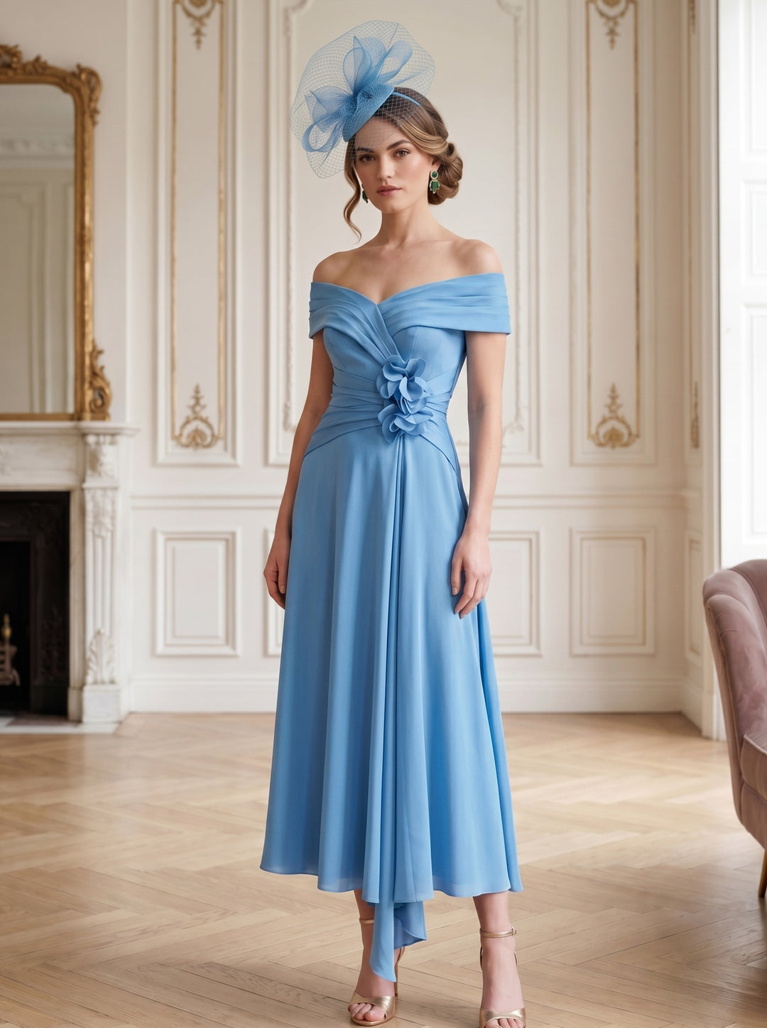 A-Line/Princess Off-the-Shoulder Tea-Length Sleeveless Mother of the Bride Dresses with 3D Flowers